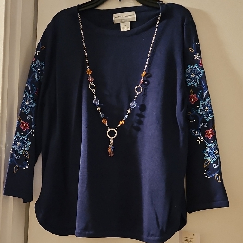 Alfred Dunner Embellished Blue 3/4 Sleeve Blouse